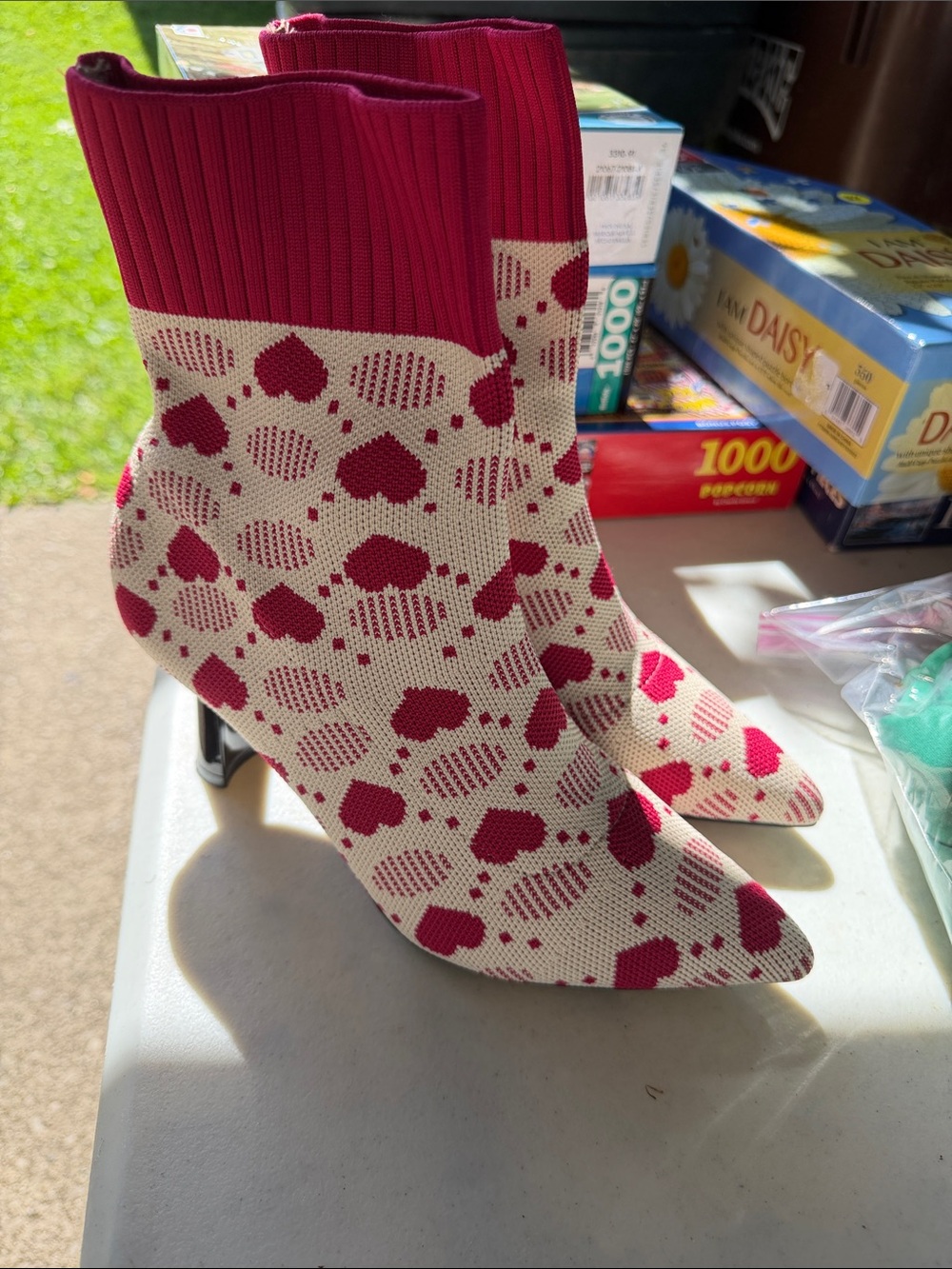 Pointed Knit Sock Boots with Berry Heart Pattern